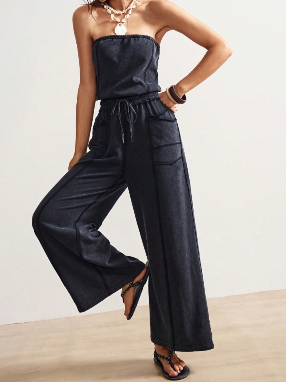 Cotton Blend Strapless Black Boho Wide Leg Jumpsuit with Pockets - Picture 2 of 9